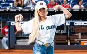 Dana Brooke Throws First Pitch At Miami Marlins Baseball Game