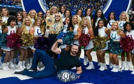 Liv Morgan and Drew McIntyre Strike Epic Pose with Indianapolis Colts Cheerleaders