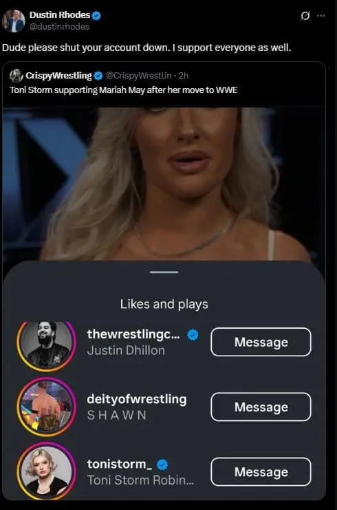 Dustin Rhodes Tells Fan to “Shut Your Account Down” After Mariah May WWE Post