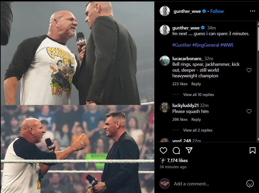 GUNTHER Trolls Goldberg on Instagram After Accepting Final Match Challenge