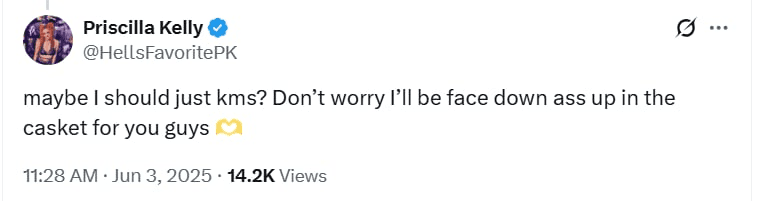 Priscilla Kelly Deletes Alarming Tweet After Saying She Wants to “End Her Life”