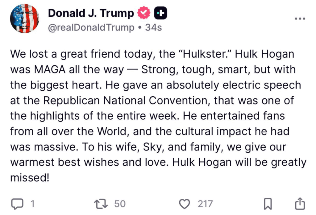 Donald Trump Honors Hulk Hogan After His Passing