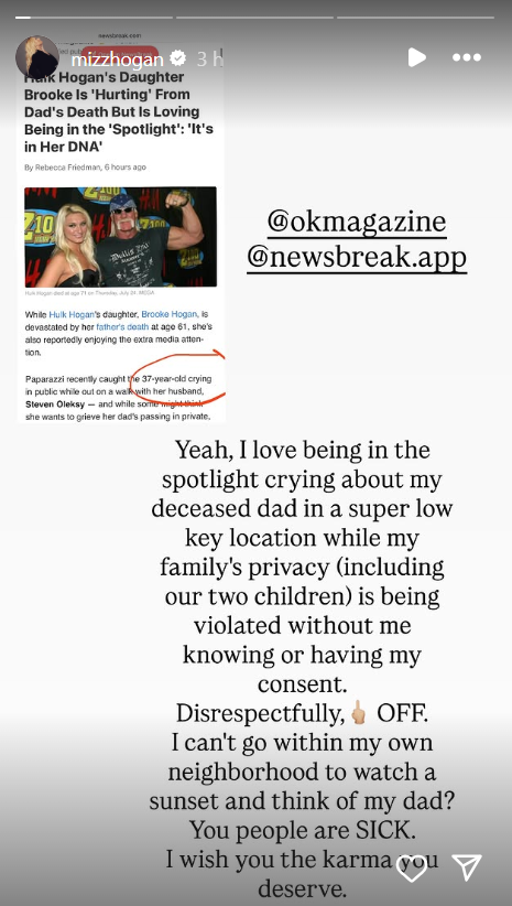 Brooke Hogan Slams Paparazzi After Being Photographed Crying Over Hulk Hogan’s Death