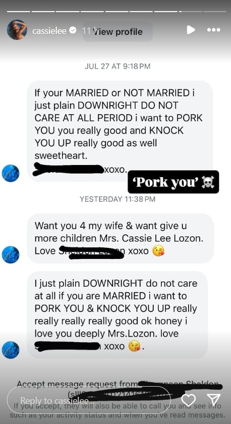 Cassie Lee Exposes Disgusting DM From Man Who Wanted to ‘Knock Her Up’
