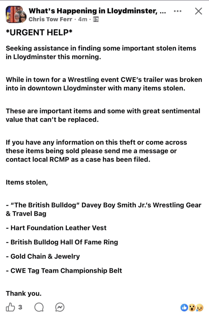 British Bulldog’s WWE Hall of Fame Ring Stolen in Trailer Break-In