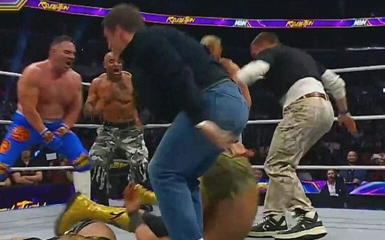 Adam Devine and Tony Cavalero Hit a Double Chokeslam at AEW Revolution Zero Hour