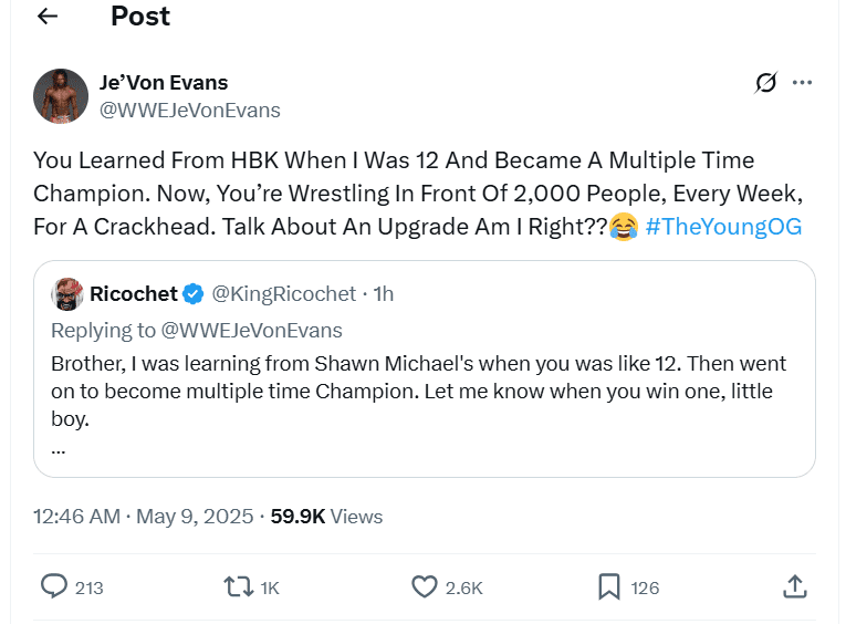 Je’Von Evans Says Ricochet Wrestles for 2,000 People a Week and Works for a Crackhead