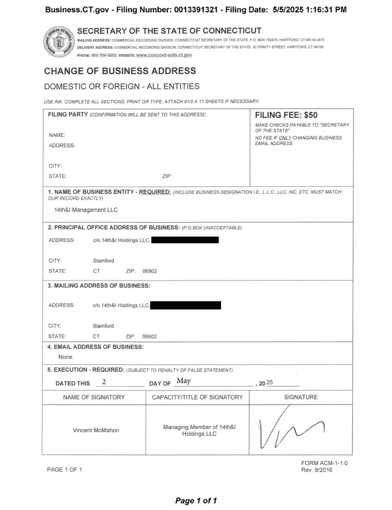 Name of Vince McMahon’s New Business Venture Revealed as 14TH & I