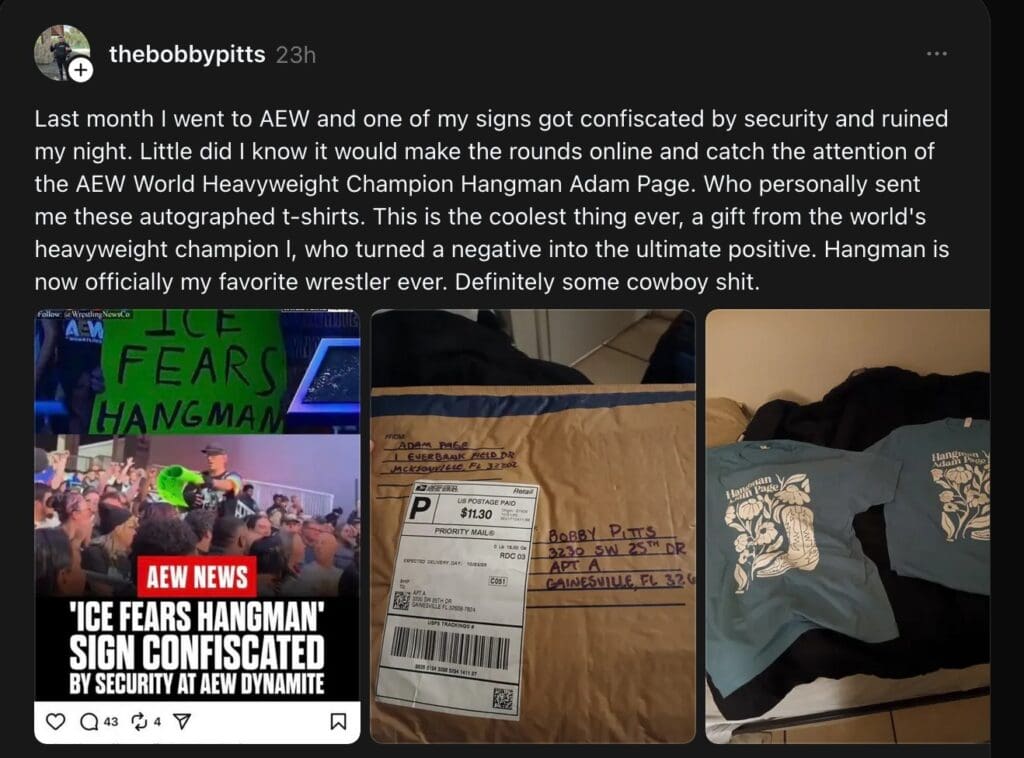 Hangman Page Sends Fan Autographed Gifts After “ICE Fears Hangman” Sign Was Confiscated at AEW Dynamite