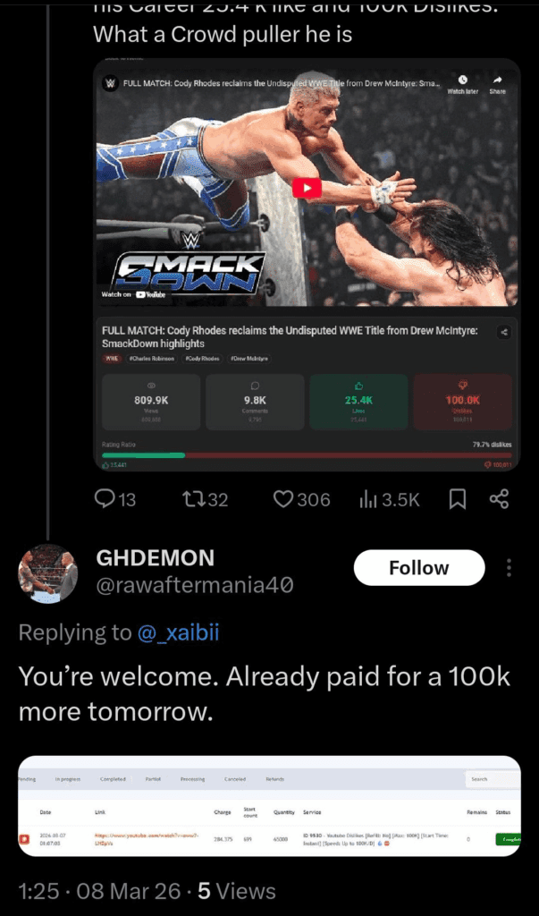 Cody Rhodes SmackDown Title Win Dislike Bombing Linked to Bot Purchase