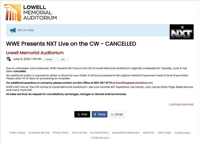 WWE Cancels June 9 NXT CW Show at Lowell Memorial Auditorium